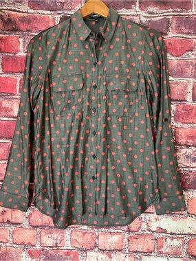 Express The City Shirt Gray & Red Polka Dot Blouse
